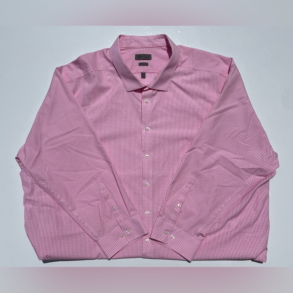Calvin Klein Dress Shirt, Slim Fit, Pink Plaid, Neck Size 22, Sleeve Size 34/35